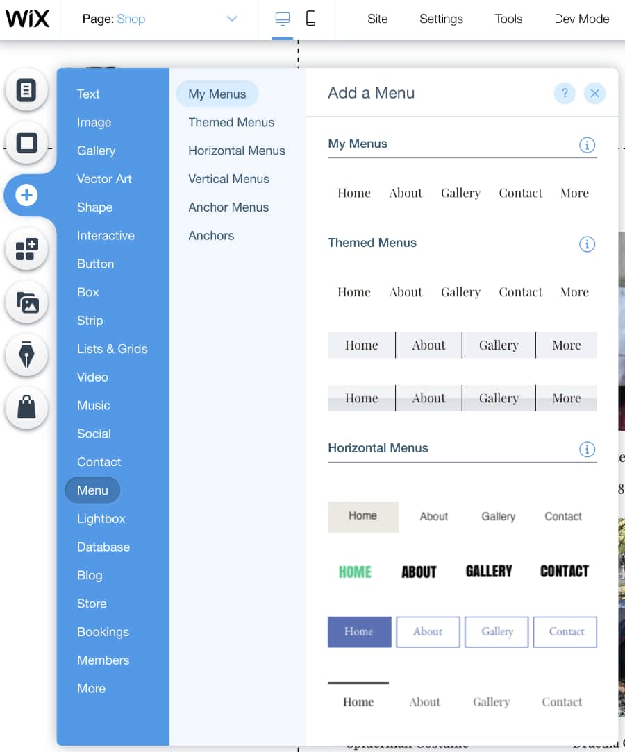 Wix editor options